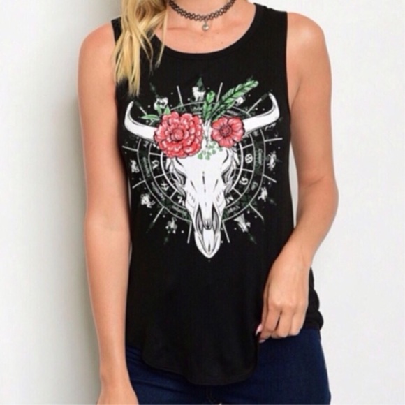 Tops - Boho Zodiac Cattle Skull Tank Tops - Boho Zodiac Cattle Skull Tank